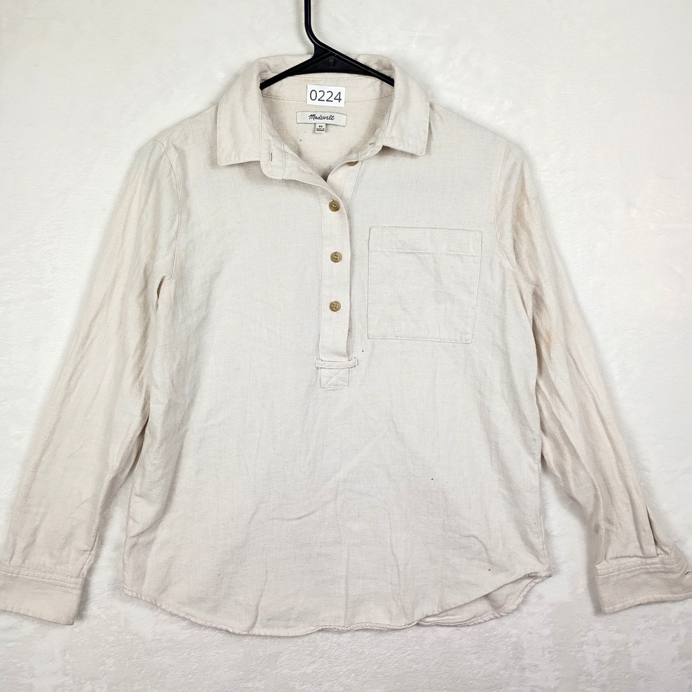 Madewell‎ Womens XS Cream Long Sleeve Henley Button Linen Blend Top Off White